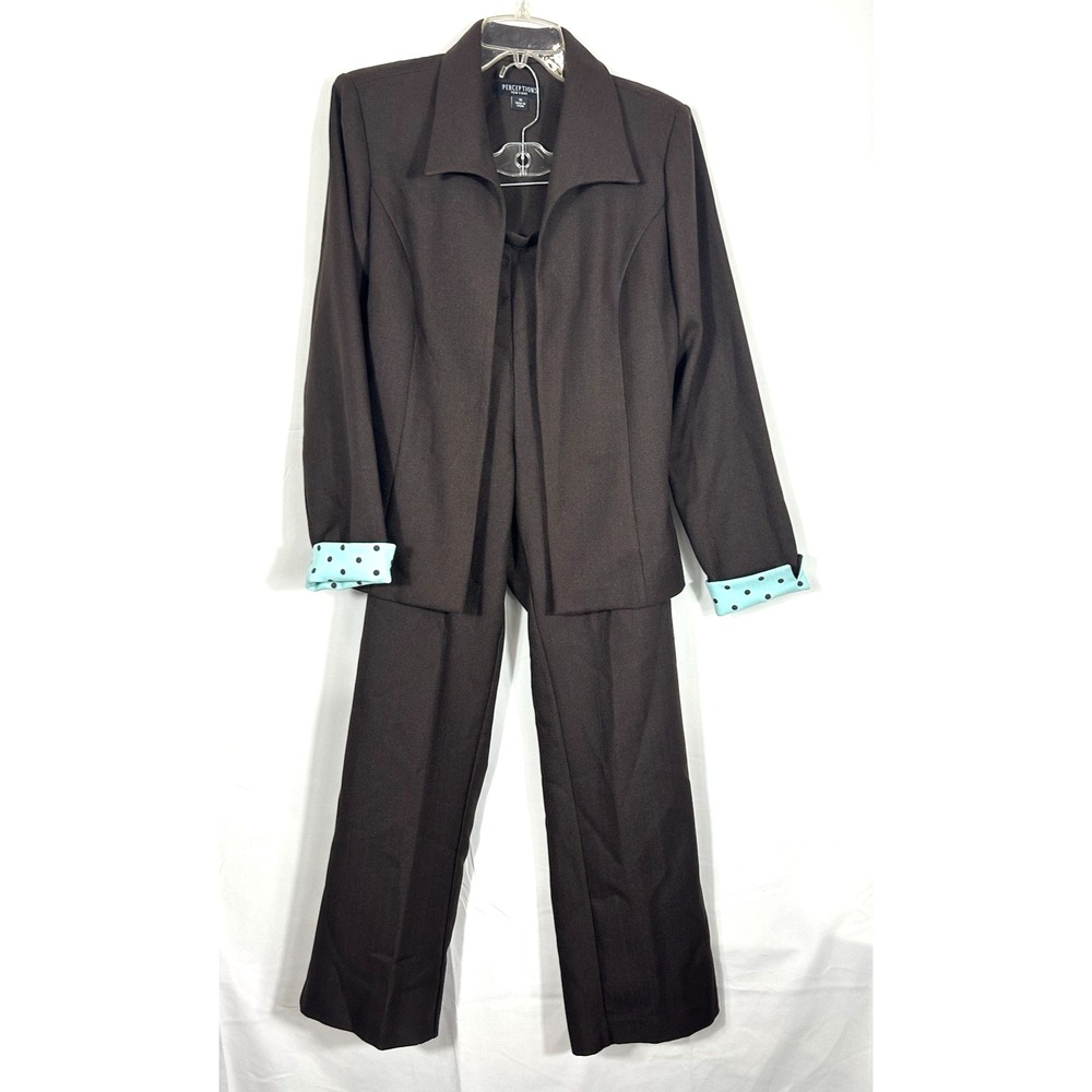 Perceptions NY Womens Size 10 Brown Jacket and Flare Pants Suit Polka Dot‎ Cuff